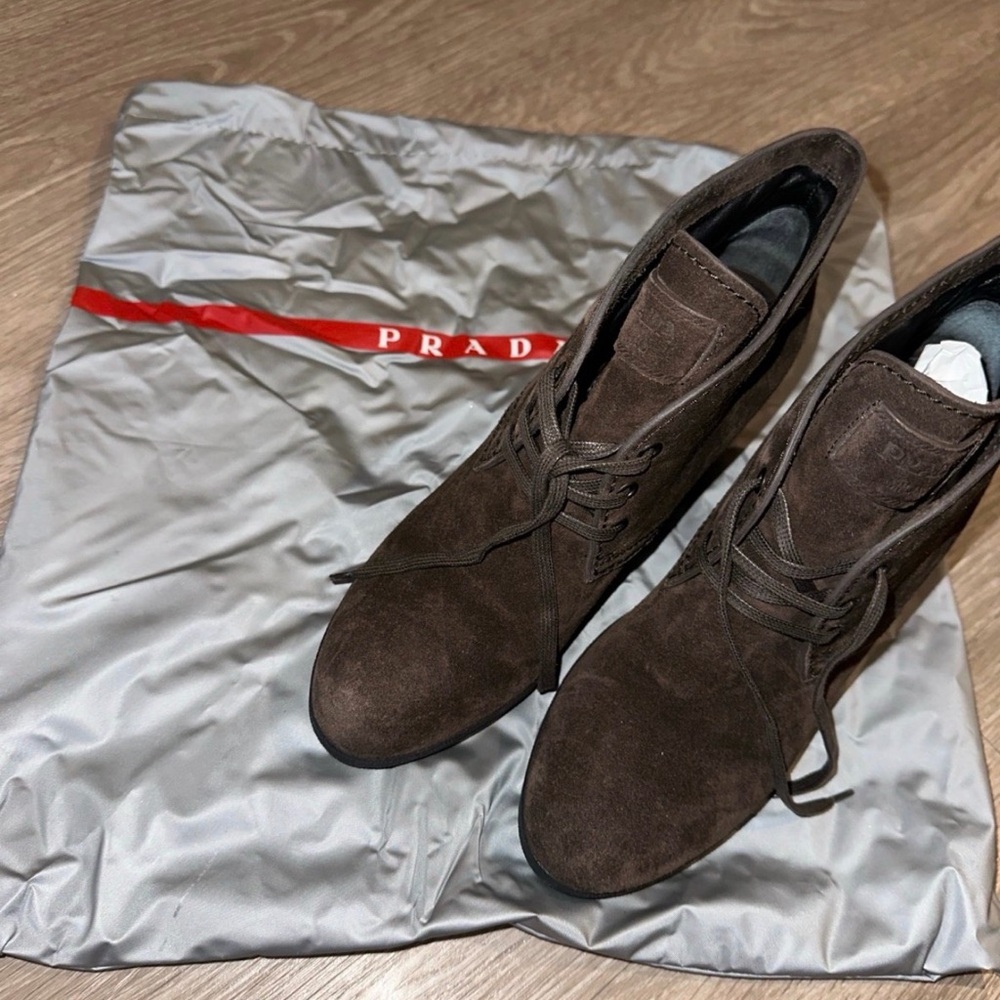 Prada Brown Suede Wedge Ankle Boots